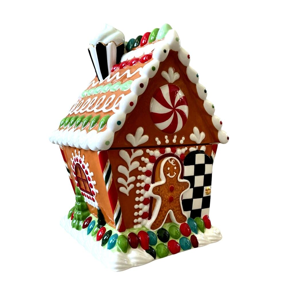 Mackenzie Childs Bake Shop Gingerbread House Cookie Jar Holiday Collectible NEW